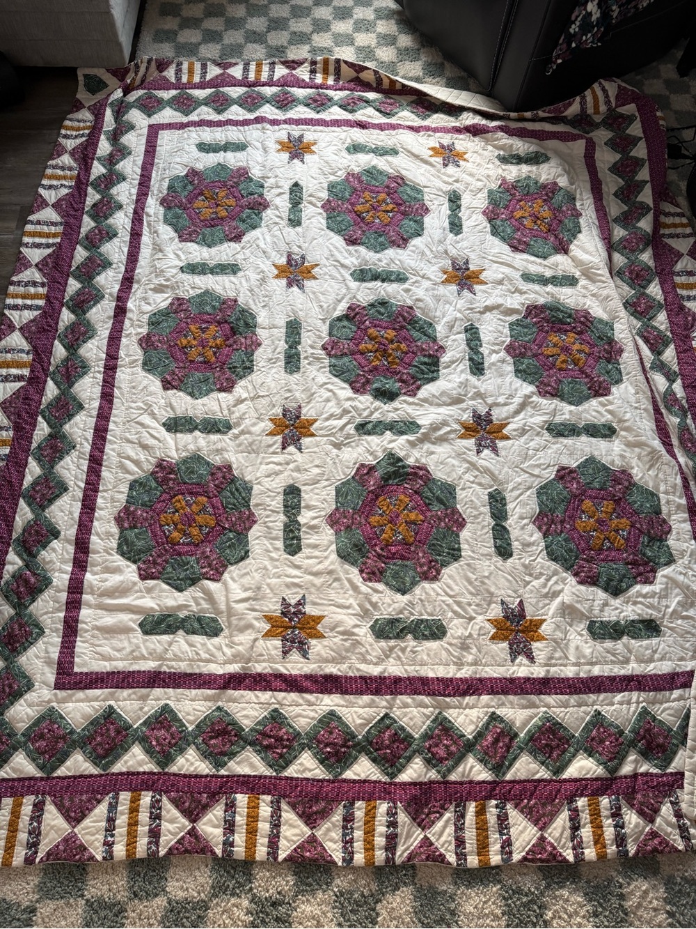Vtg 90s Reproduction Quilt Patchwork Floral Medallion Queen Cotton Purple Green